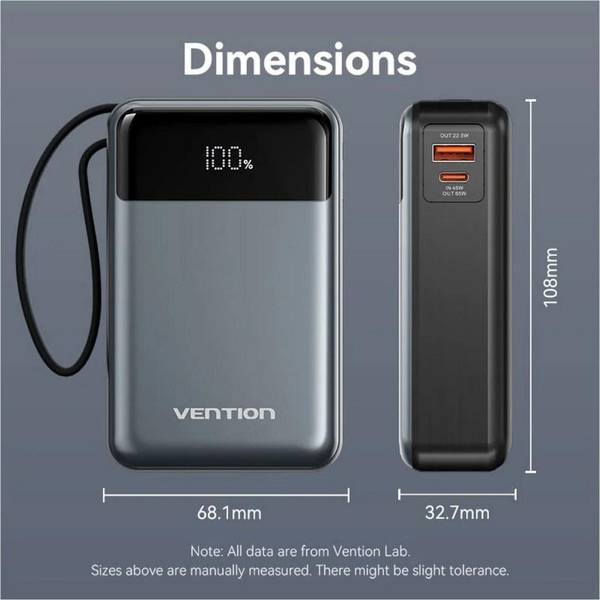 Зовнішній акумулятор (Power Bank) Vention 20000mAh 65W Black (FHYB0)