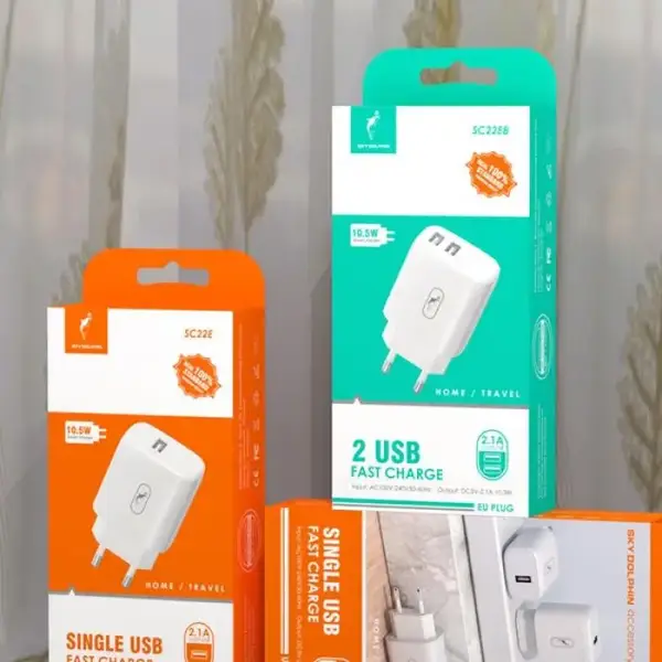 Мережевий зарядний пристрій SkyDolphin SC22EBL 2USB 2.1A White + Lightning cable (MZP-000162)