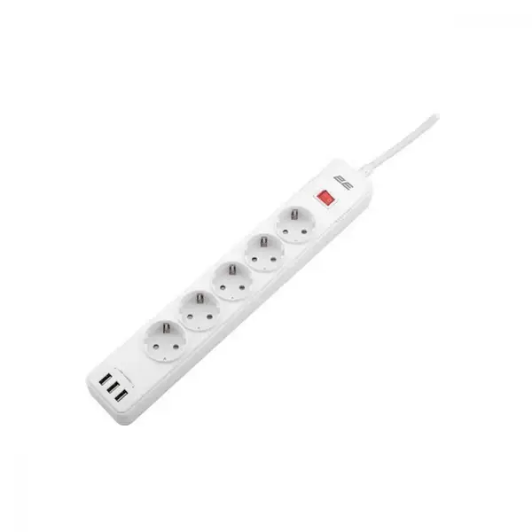 Мережевий фільтр-подовжувач 2E 5XSchuko 3G*1.5мм, 3*USB-A, 2м, white (2E-SP515M2USBWH)