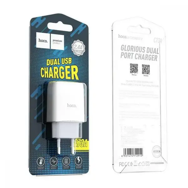 Мережевий зарядний пристрій Hoco C73A Glorious 2USB 2.4A White
