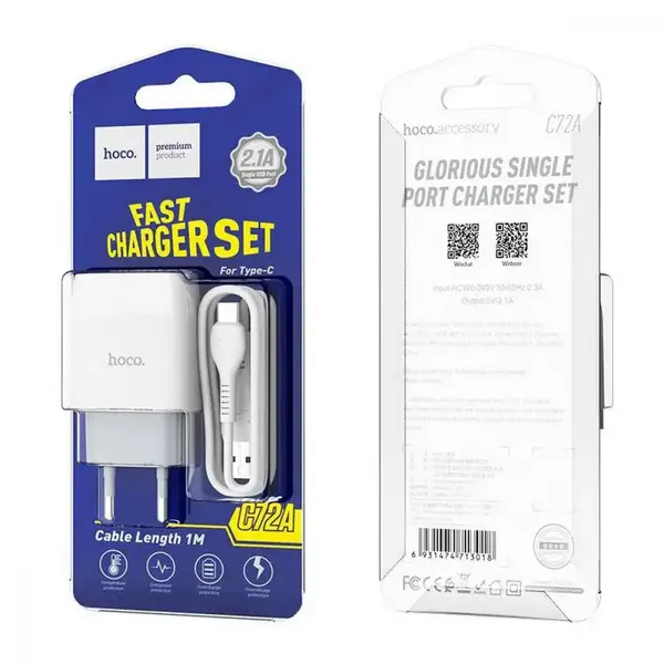 Мережевий зарядний пристрій Hoco C72A Glorious + USB Type-C White