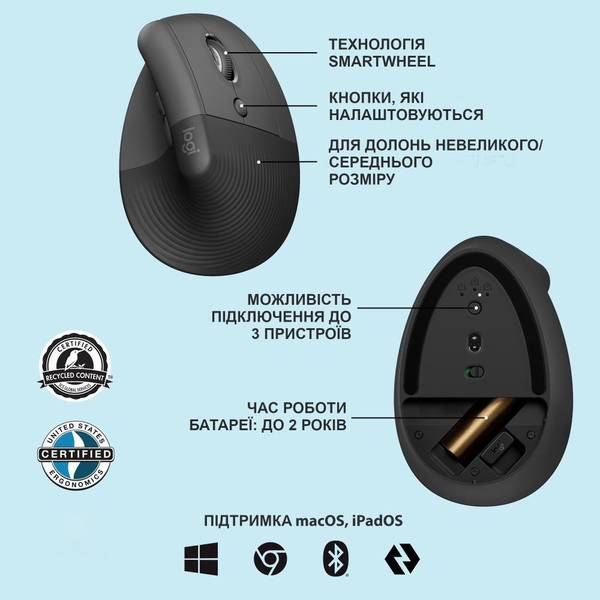 Миша Logitech Lift Vertical Ergonomic Mouse Graphite (910-006473)