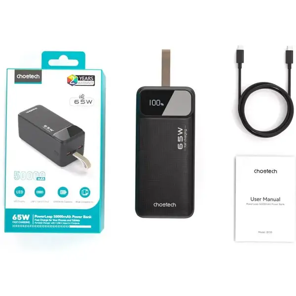 Зовнішній акумулятор (павербанк) Choetech B733 50000mAh PD 65W Black (B733-CCBK)