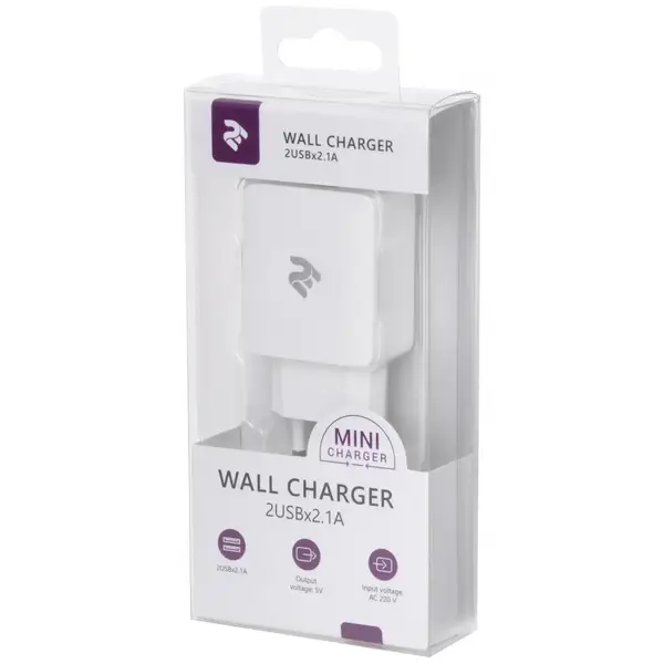 Мережевий зарядний пристрій 2E Wall Charger 2xUSB 4.2A, White (2E-WC4USB-W)
