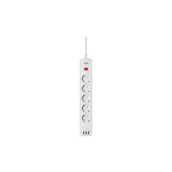 Мережевий фільтр-подовжувач 2E 5XSchuko 3G*1.5мм, 3*USB-A, 2м, white (2E-SP515M2USBWH)