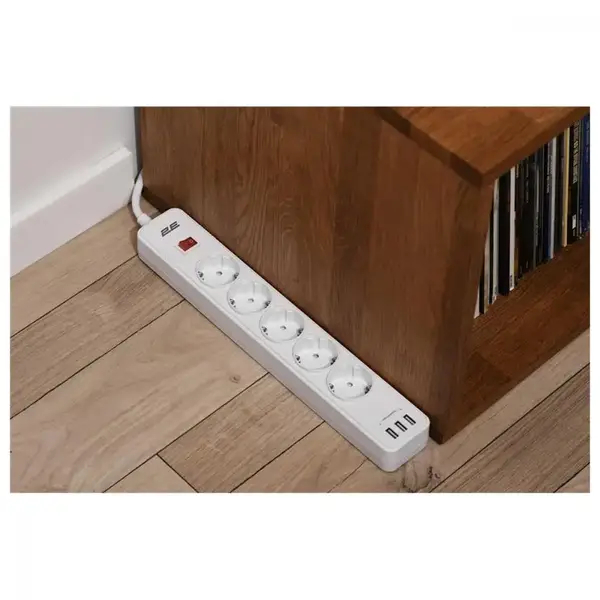 Мережевий фільтр-подовжувач 2E 5XSchuko 3G*1.5мм, 3*USB-A, 2м, white (2E-SP515M2USBWH)
